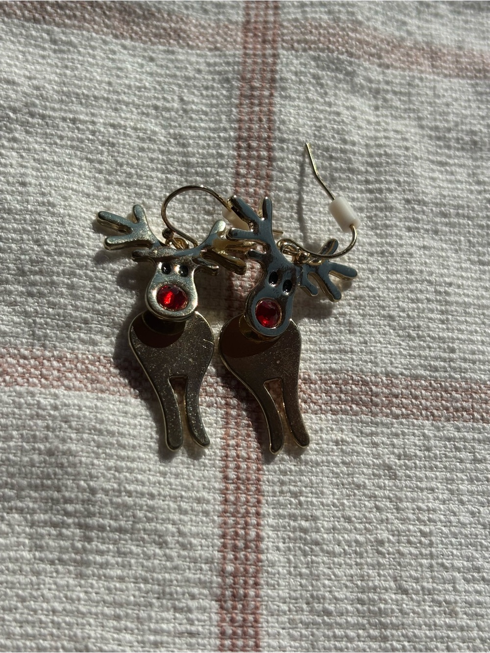 Gold-Tone Reindeer Drop Earrings with Red Rhinestone Accent